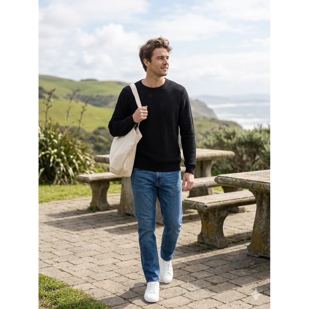 Onia Mens 100% Linen Crewneck Sweater Black Textured Knit Preppy Classic Minimal